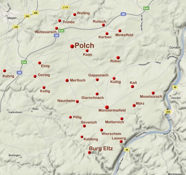 Eine Übersichtskarte über das Maifeld, mit den Orten, die der Kirchengemeinde zugehörig sind.